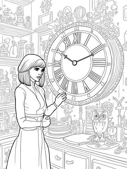 A coloring page of Wednesday Addams in a clock workshop