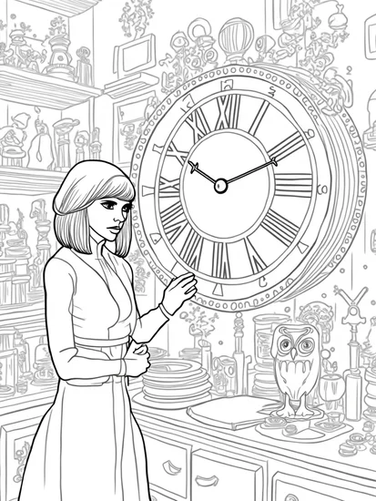 A coloring page of Wednesday Addams in a clock workshop