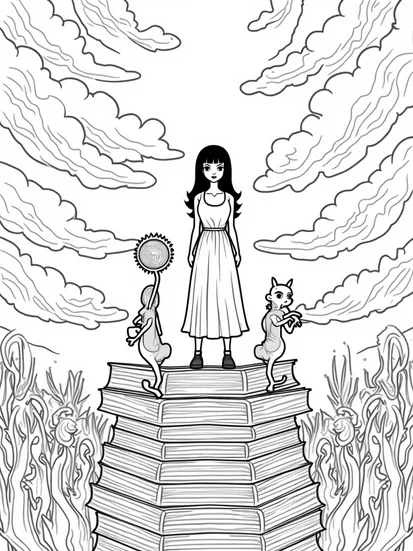 A coloring page of Wednesday Addams in a dreamscape