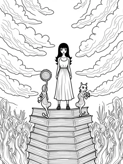 A coloring page of Wednesday Addams in a dreamscape