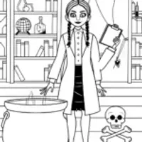 Wednesday Addams in a science lab