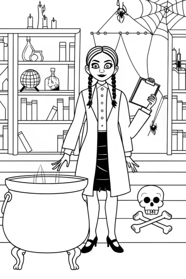 A coloring page of Wednesday Addams in a science lab