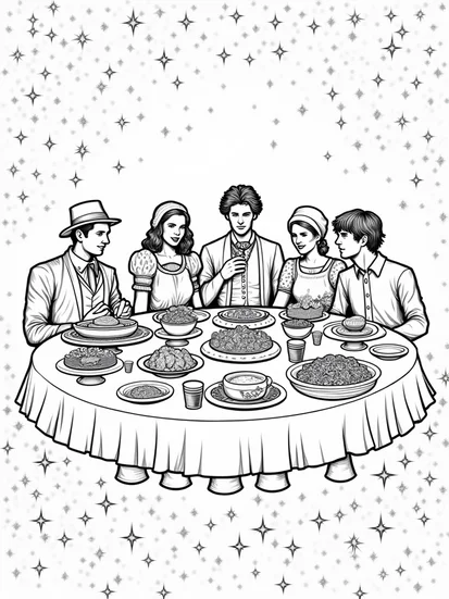 A coloring page of Time travelers’ feast coloring page