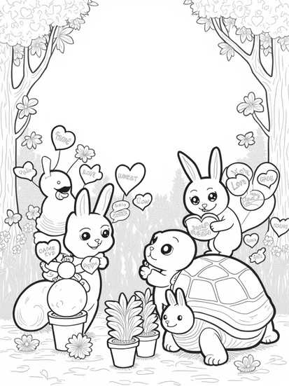 A coloring page of Animals celebrating love in the garden