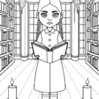 Wednesday Addams in a spooky library