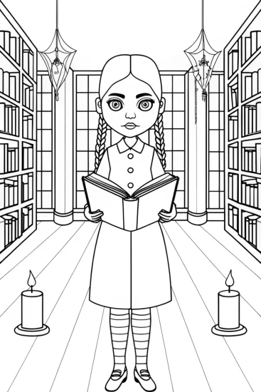 A coloring page of Wednesday Addams in a spooky library
