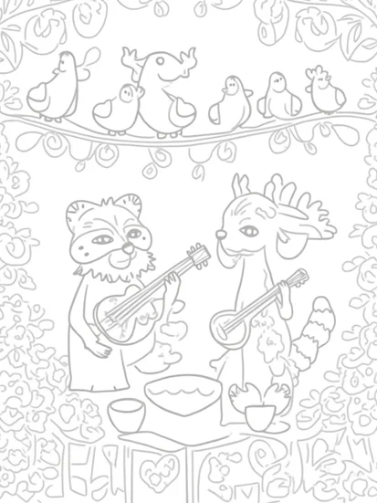 A coloring page of Raccoon and deer at a festival