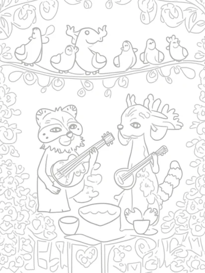 A coloring page of Raccoon and deer at a festival