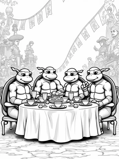 A coloring page of TMNT at a tea party