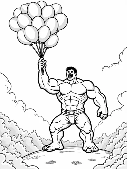 A coloring page of Hulk floating with balloons
