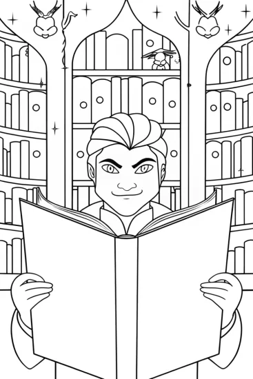 A coloring page of Venom in a magical library