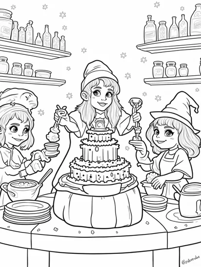 A coloring page of Thanksgiving in the enchanted bakery