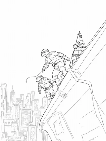 A coloring page of Teenage Mutant Ninja Turtles rooftop escape