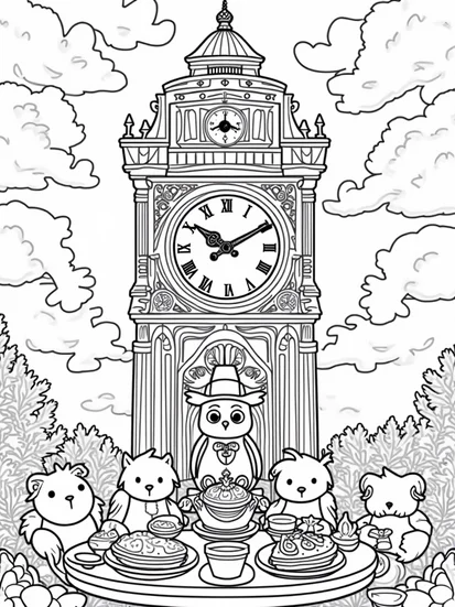 A coloring page of Owl hosting Thanksgiving feast