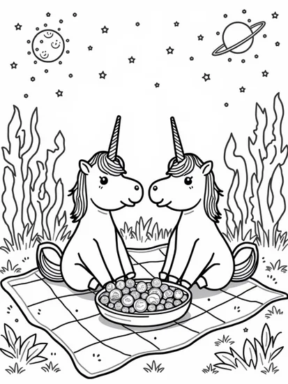 A coloring page of Unicorns enjoying a picnic