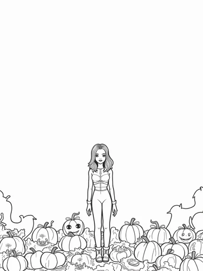 A coloring page of Wednesday Addams in a pumpkin patch