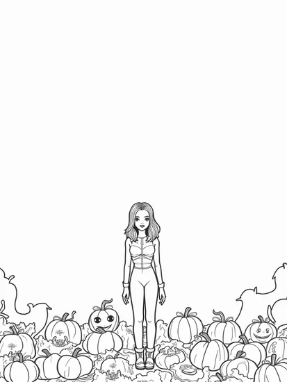 A coloring page of Wednesday Addams in a pumpkin patch