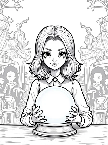 A coloring page of Wednesday Addams fortune-teller scene