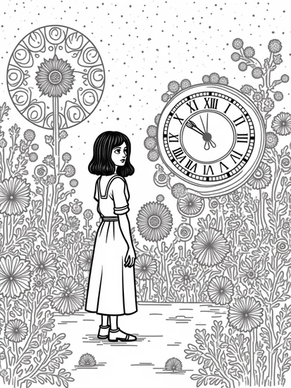 A coloring page of Wednesday Addams in a clockwork garden
