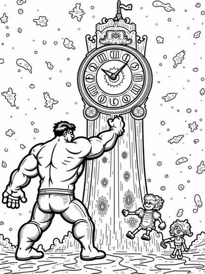 A coloring page of Hulk at the cosmic clock tower