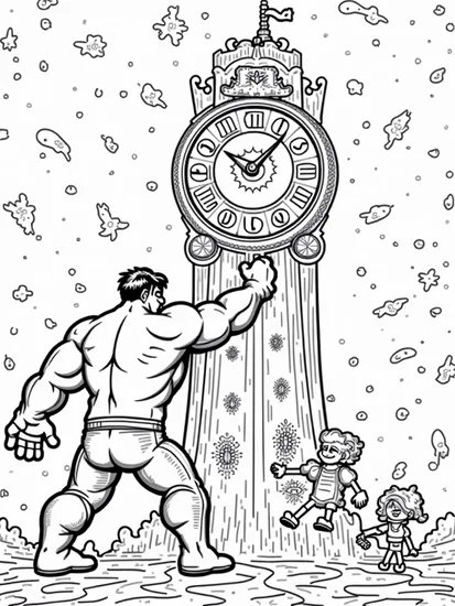 A coloring page of Hulk at the cosmic clock tower
