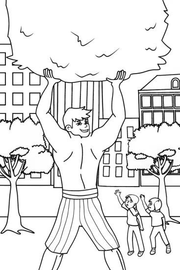 A coloring page of Hulk lifting trash in the city