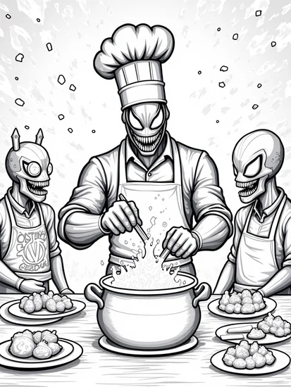 A coloring page of Venom cooking in a cosmic kitchen
