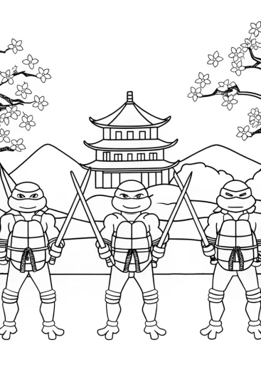 A coloring page of Ninja Turtles samurai duel