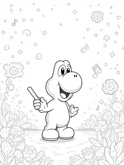 A coloring page of Yoshi conducting a symphony