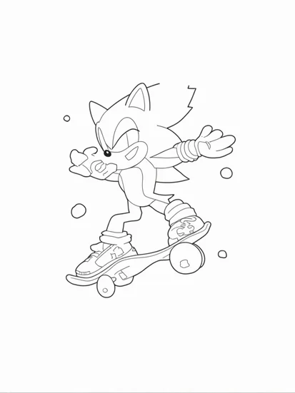 A coloring page of Super Sonic skateboarding in space