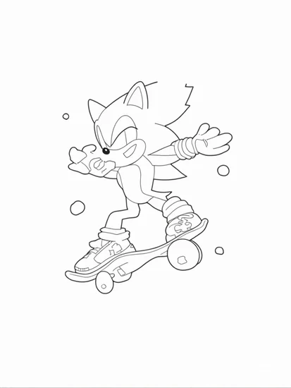 A coloring page of Super Sonic skateboarding in space