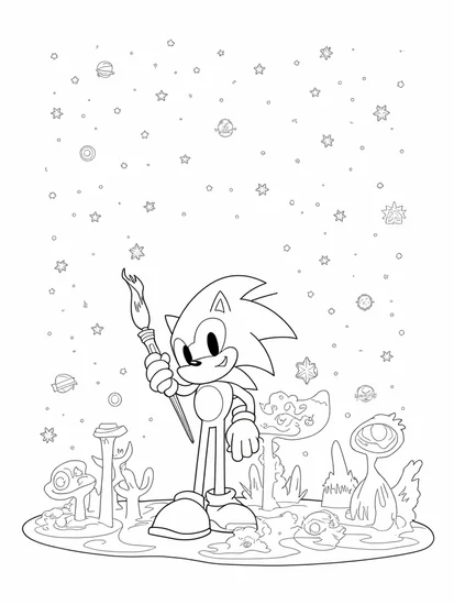 A coloring page of Super Sonic painting in space