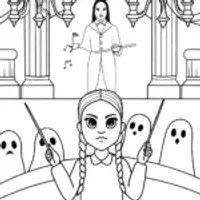 Wednesday Addams conducting a ghostly orchestra