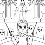 Wednesday Addams conducting a ghostly orchestra