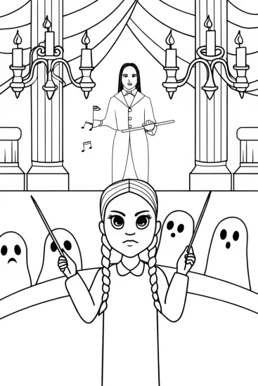A coloring page of Wednesday Addams conducting a ghostly orchestra