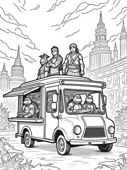 A coloring page of Teenage Mutant Ninja Turtles pizza truck