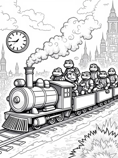 A coloring page of Teenage Mutant Ninja Turtles train adventure