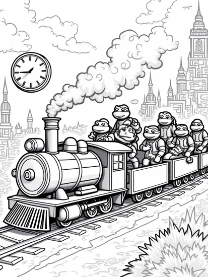 A coloring page of Teenage Mutant Ninja Turtles train adventure