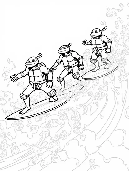A coloring page of Teenage Mutant Ninja Turtles surfing