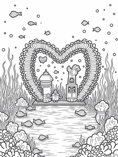 A coloring page of Heart-shaped factory under the sea