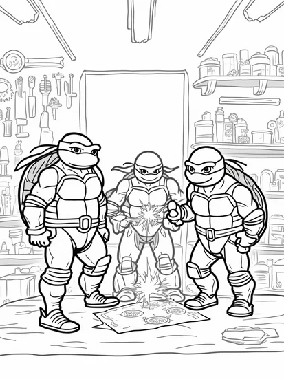 A coloring page of Teenage Mutant Ninja Turtles workshop