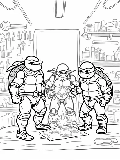 A coloring page of Teenage Mutant Ninja Turtles workshop