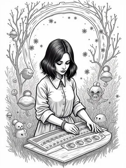 A coloring page of Wednesday Addams weaving shadows