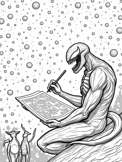 A coloring page of Venom mapping the stars