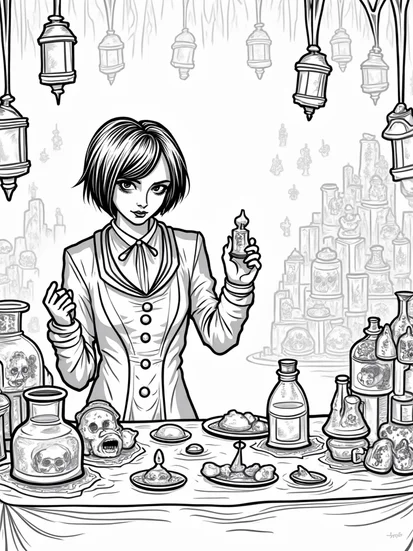 A coloring page of Wednesday Addams in the shadow market