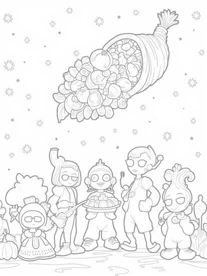 A coloring page of Thanksgiving at the Galactic Harvest Festival