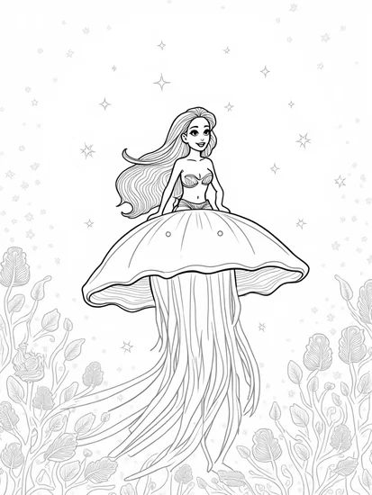 A coloring page of Mermaid floating on a jellyfish