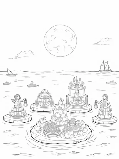 A coloring page of Thanksgiving on the moonlit harbor