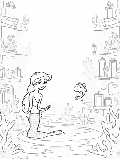 A coloring page of Little mermaid in an ocean library
