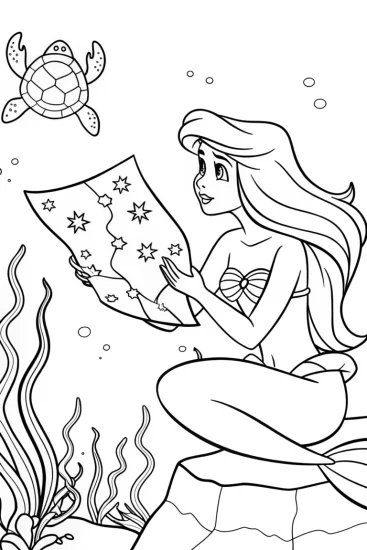 A coloring page of Mermaid studying a sea map
